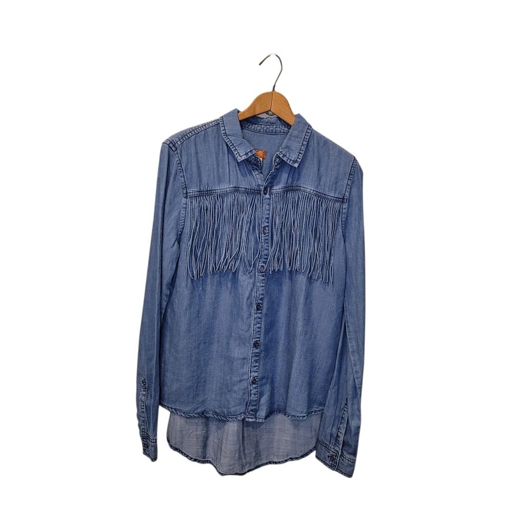 NWT Scully Womens Blue Denim Fringe Button Down Long Sleeve Shirt Medium Western